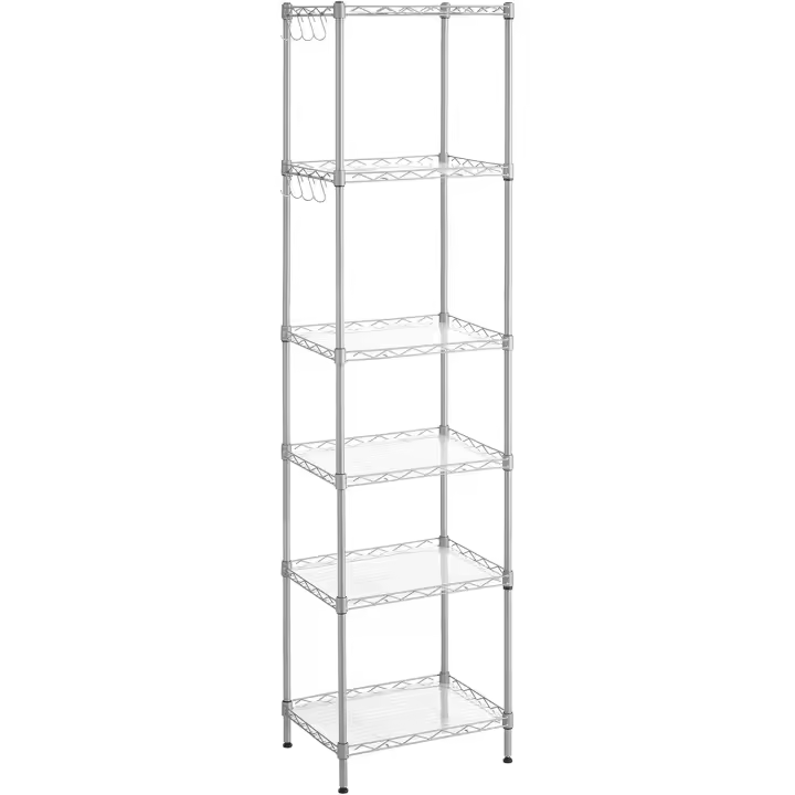 Estantería Metálica de 6 Niveles, Estante de Malla con Estantes Ajustables, Paneles de PP, 8 Ganchos, Carga Máxima de 120 kg, para Salón, Garaje, Plata - 1