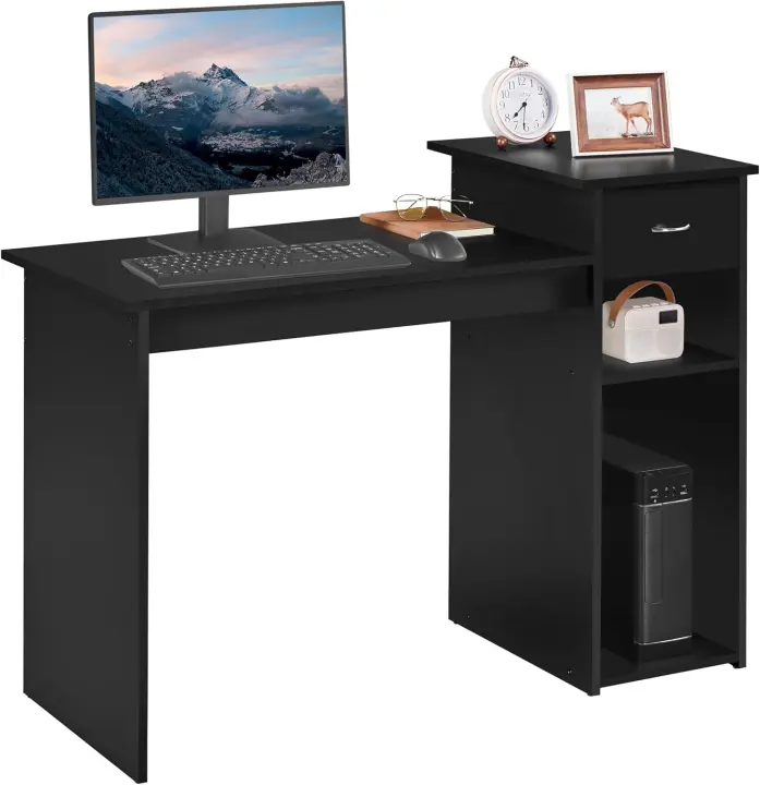 Mesa de Ordenador con Estantería 112x50x82cm Escritorio con Cajon para Computadora Escritorio Oficina Despacho Moderno Negro - 1