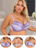 Sujetador de talla grande con diseño fino, espalda bonita, lencería sexy de talla grande con banda de acero para dar forma, color morado. - details 1