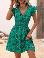 Vestido corto con estampado Floral para mujer, minivestido informal con manga con volantes, Color Verde S - details 5
