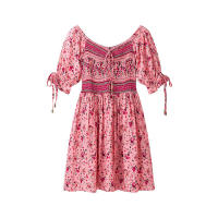 Vestido de Algodón Estampado de Moda para Mujer OUWU Mini Vestido Versátil con Manga de Princesa, Cuello en Polo, Cintura Imperio - details 2