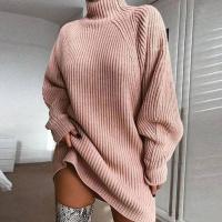 Jersey de punto holgado de Color liso para mujer, Jersey de manga larga, vestido suéter de cuello alto, otoño e invierno, 2023 - details 4