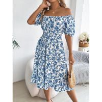 Primavera Verano 2025 Europeo y Americano Floral Cuello Cuadrado Manga Corta Cintura con Volantes Falda Línea A - details 21