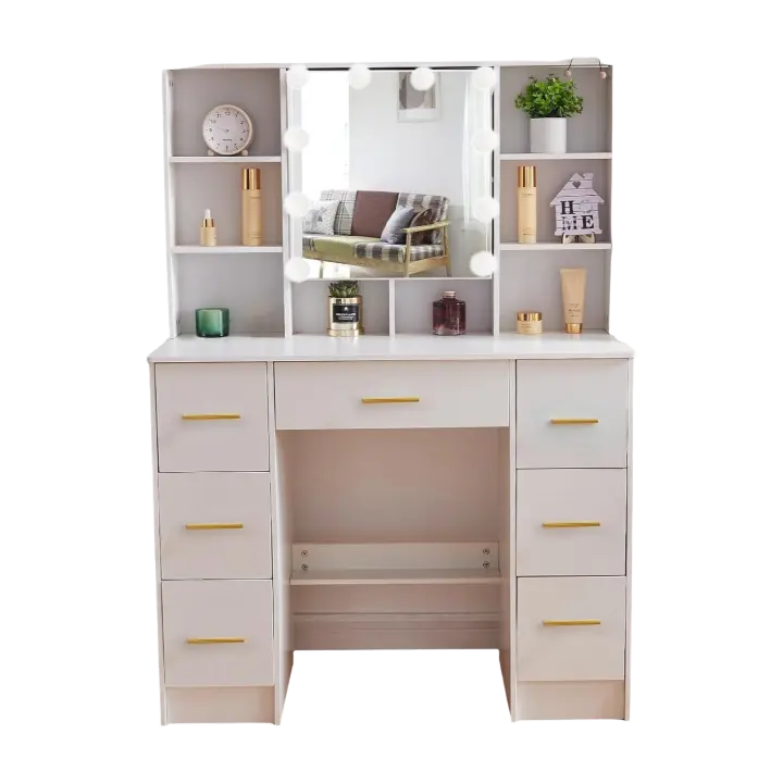 con iluminación LED, brillo ajustable, mesa cosmética con espejo grande, tocador con 7 cajones, cómoda dormitorio 140 x 100 x 40 cm, color blanco - 1