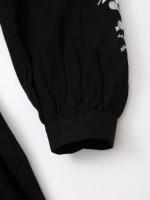 Vestido casual de otoño negro con botones delanteros para mujer, cinturón, bordado floral, manga corta/larga y cuello en V. - details 8