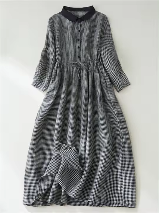 Vestido de Otoño a Cuadros de Moda Estilo Japonés Casual para Mujeres Vestido de Oficina Blanco y Negro a Cuadros Ropa Larga de Primavera Casual - 1