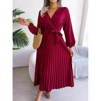 Vestido largo plisado con dobladillo grande para mujer, vestido cruzado de Color liso con cuello en V, moda de primavera y verano - details 23