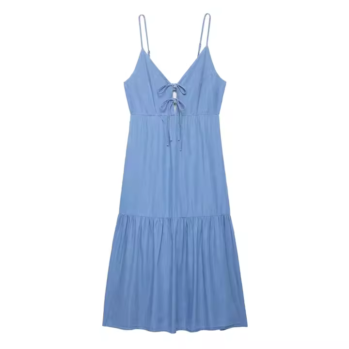 Vestido de Verano de Denim Largo con Correas Decoradas Vestido Suelto, Sin Espalda, Dulce y Fresco para Mujeres - 1