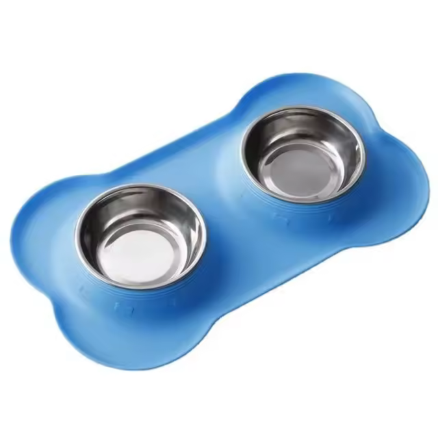 Cuenco doble antideslizante con alfombrilla de silicona para perros y gatos, alimentador de alimentos y agua de acero inoxidable duradero, cuencos de alimentación para mascotas - 1