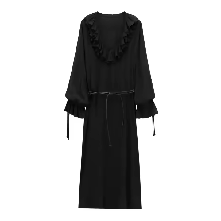 , Nueva serie de vestido de manga larga elegante apilado decorativo hasta la rodilla con cuello en V para mujer con cinturón para temperamento femenino - 1