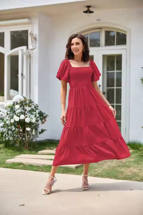Manga corta de mujer plisada, cuello cuadrado, moda veraniega europea y americana. - 1
