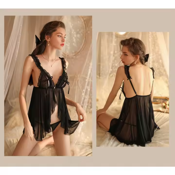 Picardías de encaje para mujer, camisón de malla con cuello en V profundo sin mangas, Sexy, exótico, caliente - 1