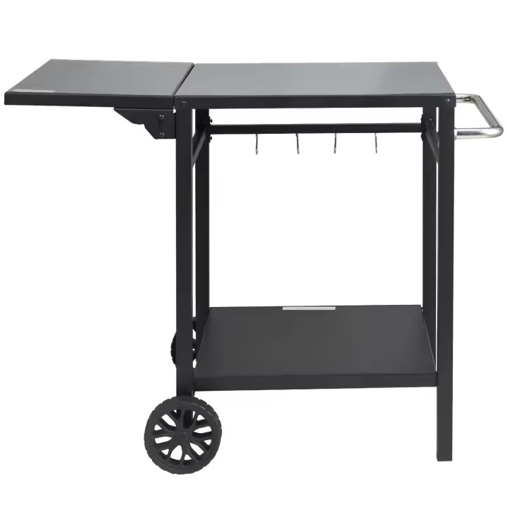 SucceBuy Carro de comedor para parrilla al aire libre, mesa de preparación para barbacoa de 2 estantes, tapa de hierro plegable, carro modular portátil para horno de pizza, mesa de trabajo con ruedas y asa de transporte - 1