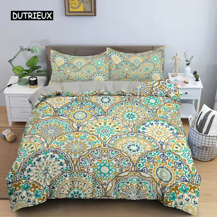 Juego de Ropa de Cama de Estilo Bohemio Funda de Edredón Geométrica Mandala Étnica Tamaño Doble Rey - 1