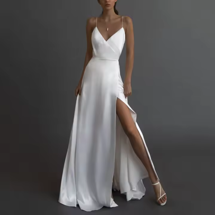 Vestido de noche largo de satén blanco elegante para mujer, Sexy V profundo con escote en vestido de fiesta, abertura alta, sin espalda, Maxi, verano 2023 - 1