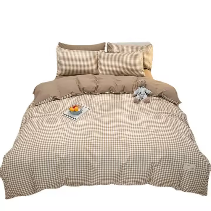 Juego de sábanas minimalista a cuadros, cuatro piezas, algodón puro fresco, juego de tres piezas para dormitorio, funda de edredón y sábanas. - 1