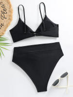 Bikini de cintura alta para mujer, traje de baño liso con tirantes, Tanga Sexy, ropa de playa, verano, 2024 - details 3