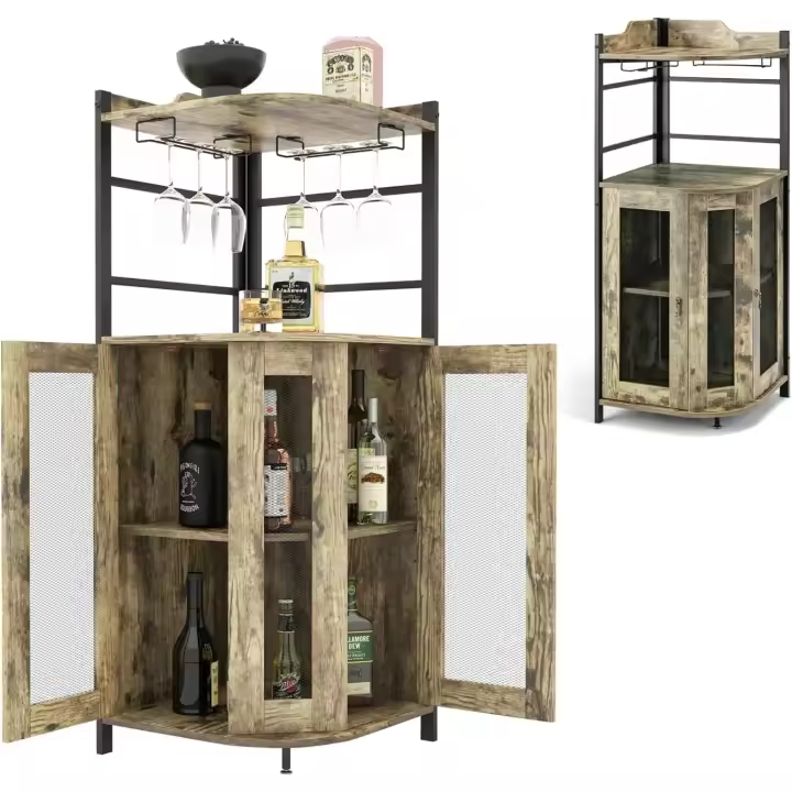 Mueble bar con puertas de malla metálica, aparador de vino con estante ajustable, botellero esquinero para - 1