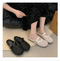 Verano nuevas zapatillas perezosas transpirables tejidas de un pedal zapatillas de cabeza de bolso de fondo plano cómodo de suela suave para mujer. - details 9