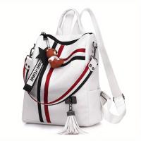 Mochila informal de gran capacidad, Correa desmontable con cremallera, bolso de hombro con colgante de oso, mochila con estampado de rayas - details 3