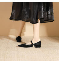 Zapato con punta puntiaguda, hebilla de perla, tacón bajo, hoja de loto arrugada, punta puntiaguda, suela plana. - details 11