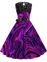 Vestido midi de fiesta elegante de verano con estampado floral, encaje, sin mangas, línea A y cinturón para mujer - details 10