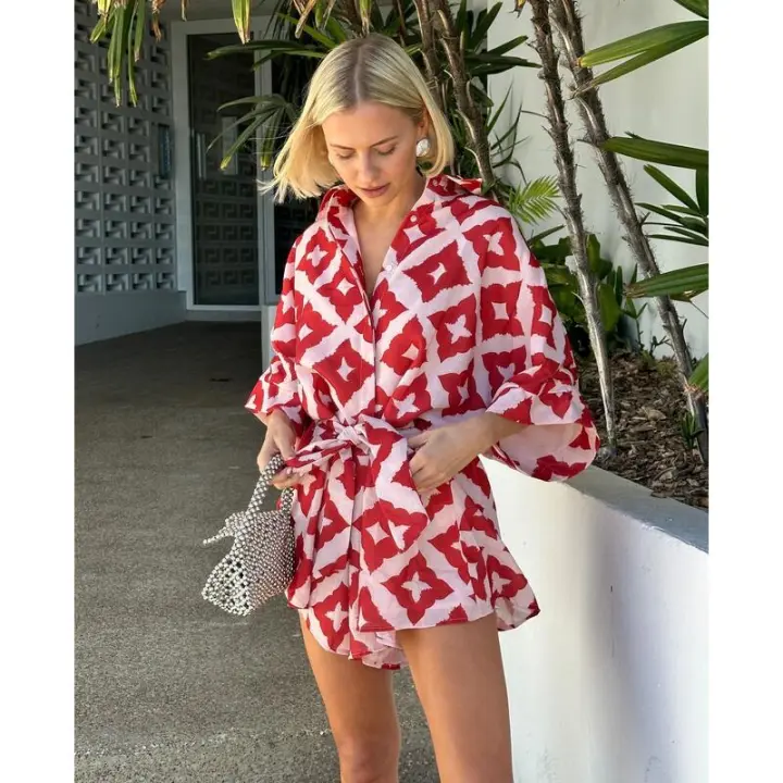 Mono holgado informal con tirantes y estampado para mujer, mono con estampado rojo, mono holgado con cuello vuelto, ropa de calle sexy 2025 - 1