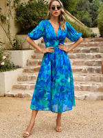 Vestido de verano de estilo callejero para mujer, traje elegante y Sexy con cuello en V, estampado de flores, mangas farol, largo, 2024 - details 8