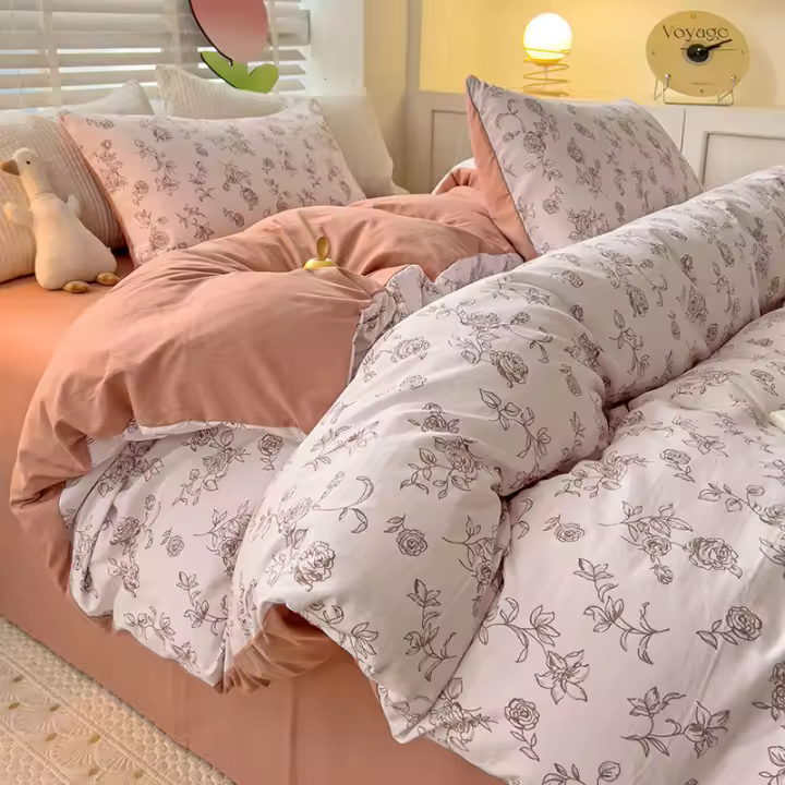 Juego de cama: Sábana ajustable de algodón lavado puro de cuatro piezas, funda de edredón, juego de tres piezas de cama individual para dormitorio de estudiantes: Sábana, funda - 1