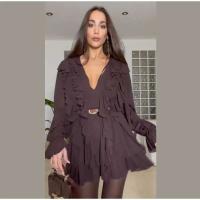 Minivestidos elegantes con cuello en V y volantes para mujer, vestido informal holgado con cordones de manga larga para mujer, batas elegantes de calle alta para primavera 2025 - details 0