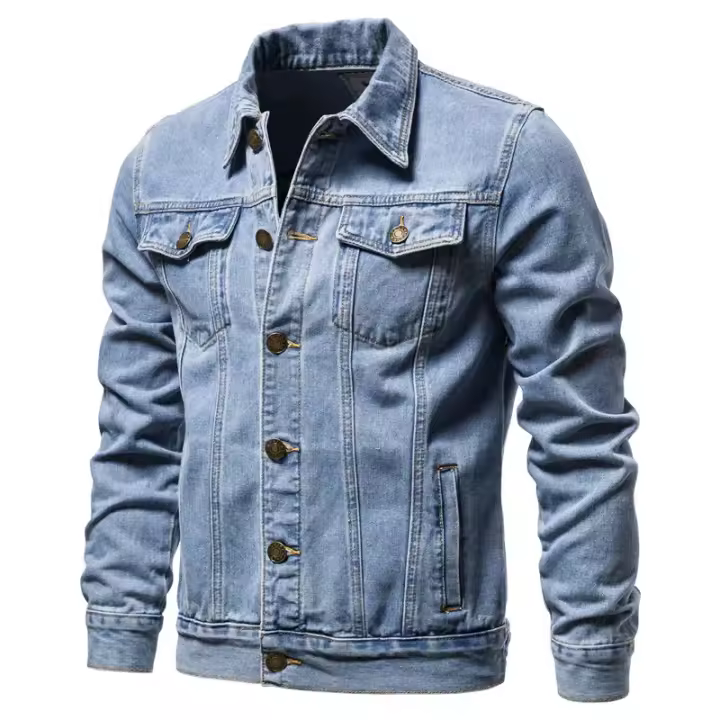 Chaquetas de Denim de Cuello Rico para Hombres Ajuste Delgado, Moda Motocicleta, Pendientes Casuales de Algodón, Negro y Azul - 1
