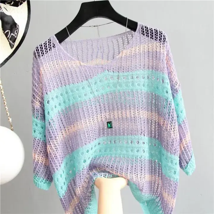 Tops de media manga para mujer Corful, shi de punto de seda de hielo rasgado, suéteres loo, lighight - 1
