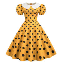 Vestido midi elegante de fiesta con cuello Peter Pan, lunares y mangas cortas abullonadas para mujer, ideal para el verano. - details 10