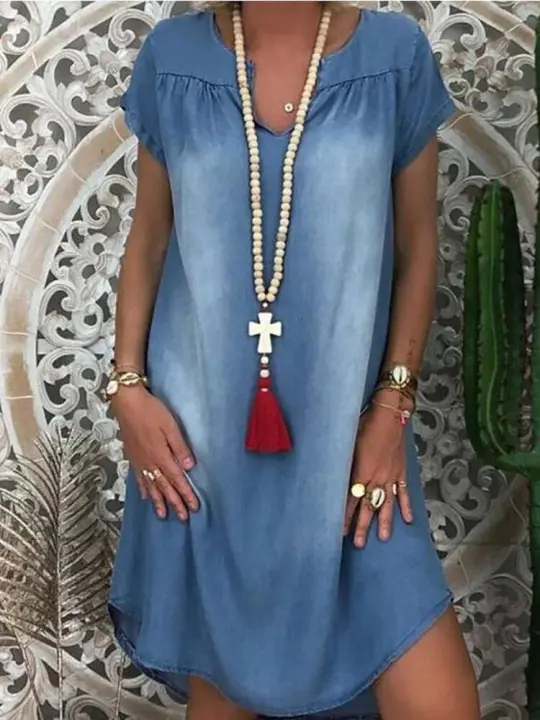 Vestido de Verano Grande Cuello Redondo, Manga Corta Suelta, Vestido Casual para Mujeres con Cuello en V - 1