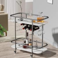 Carrito de servicio de barra de 2 niveles con ruedas, carrito de bebidas móvil con estante para vino y soporte para vidrio, almacenamiento de bebidas rodante con placa de patrón de mármol - details 0