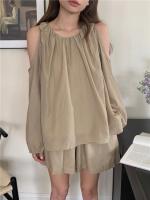 Blusa de verano a cuadros extragrande 2024 para niñas, traje de mujer, camisa de manga larga, pantalones de pierna ancha de cintura alta, trajes de dos piezas con pantalones cortos - details 21