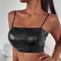 Camisetas sin mangas eróticas con purpurina para mujer, chaleco de charol para mujer, Top corto Sexy con tirantes finos 2022 - details 2