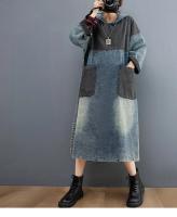Vestido de mezclilla casual con capucha vintage suelto para mujeres Masss Wasss 2024 grande para primavera moda con estilo patchwork lavado a mano - details 0