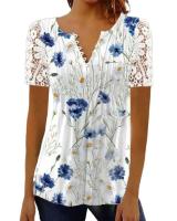 Verano primavera nueva mujer suelta y cómoda Casual cuello en V blusa estampada ral camisa de moda de manga corta - details 2