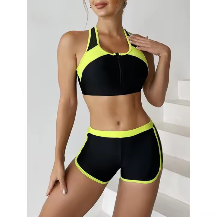 Conjunto deportivo de 2 piezas para mujer, traje de baño de color liso con cremallera, ropa de playa, novedad de 2025 - 1