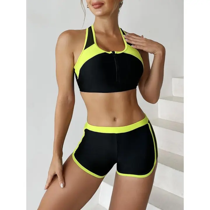 Conjunto deportivo de 2 piezas para mujer, traje de baño de color liso con cremallera, ropa de playa, novedad de 2025 - 1