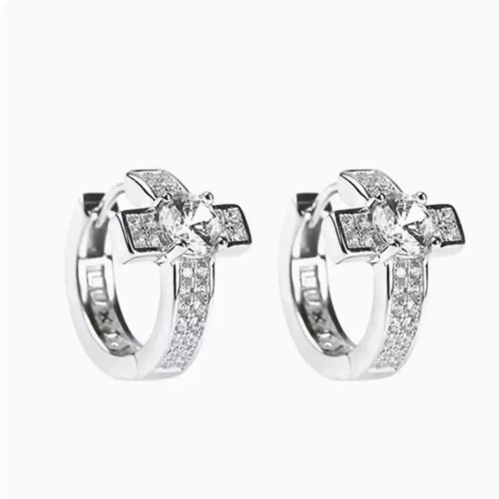 Micro incrustaciones de diamantes de imitación para hombres, pendientes cruzados, estilo Punk coreano, hebilla de oreja, aro de oreja de circón, sentido de lujo, regalo de plata - 1