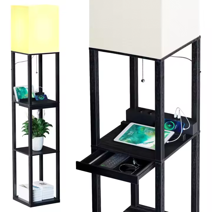 Lámpara de pie de madera con 3 temperaturas de color, 2 puertos de carga USB y 1 cajón, lámpara de pie de estar, dormitorio, oficina, decoración de salón, lámparas de pie blanco (bombilla incluida) - 1