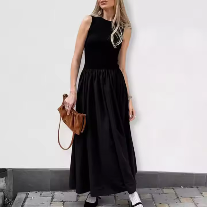 Estilo francés cuello redondo sin mangas Patchwork invierno nuevo vestido largo mujeres moda elegante viaje - 1