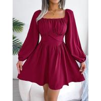 Vestido de verano 2025 para mujer con cuello cuadrado, volantes, cintura ajustada y color sólido. - details 10