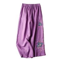 Pantalones bordados de lino y algodón para mujer, pantalones de pierna ancha de talla grande, cintura elástica, ajuste suelto informal, Color sólido, primavera y verano, 3xl, 2xl - details 5