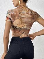 Nueva camiseta de manga corta elegante con estampado de malla, camisetas de manga corta con ribete de oreja de madera para mujeres - details 20
