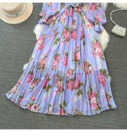 Elegante vestido midi de manga larga con corte en A y falda plisada, cintura ceñida, dobladillo de gasa, estampado floral coreano Sle Commute - details 41