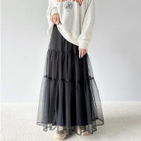 Falda larga de malla para mujer, falda de dos capas, línea A, color negro, blanco y verde, primavera y verano - details 2