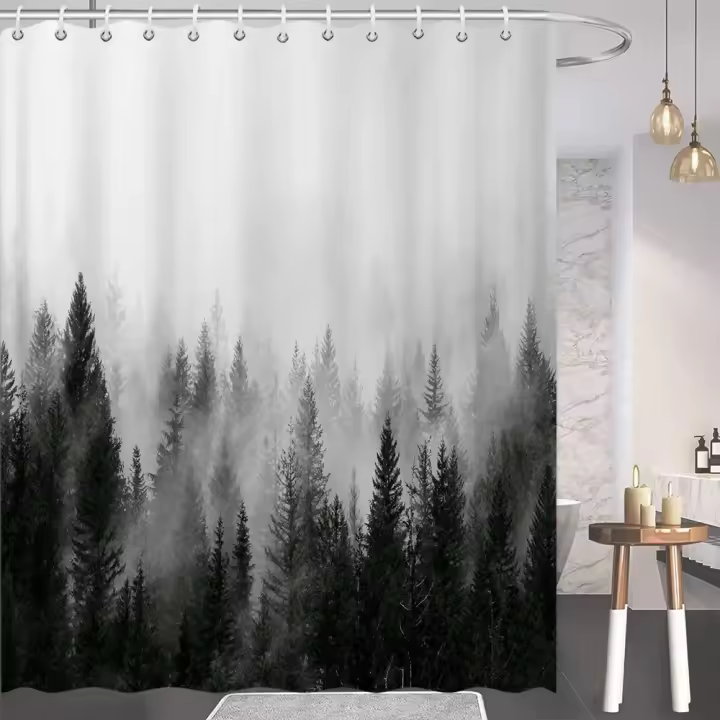Decoración Natural para el baño, cortina de ducha, gris, blanco, montañas, pájaros, bosque de pino, paisaje, cortinas de baño, tela lavable - 1